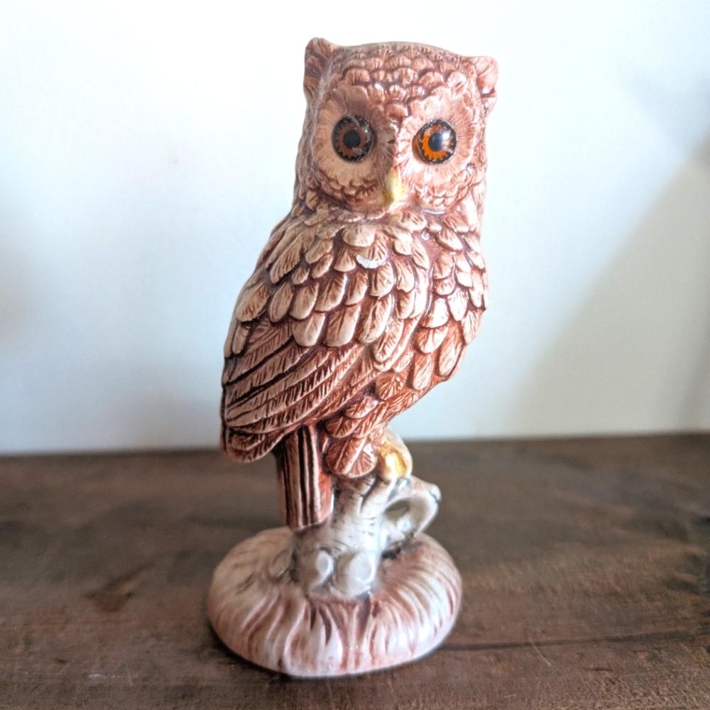 Vintage Ceramic Owl Amber jeweled eyes Brown Porcelain Statue Mid Century Modern